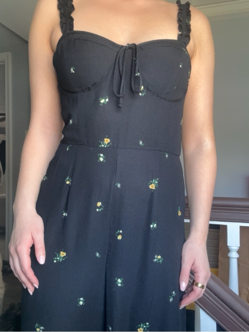 Black Floral Jumpsuit with Sweetheart Neckline